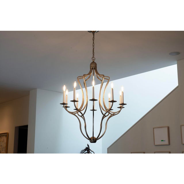 Paul Ferrante Custom Antiqued Silver Leaf 10 bulb Hand Forged Candelabra - Dimensions: 38" Diameter x 46"High - Overall...