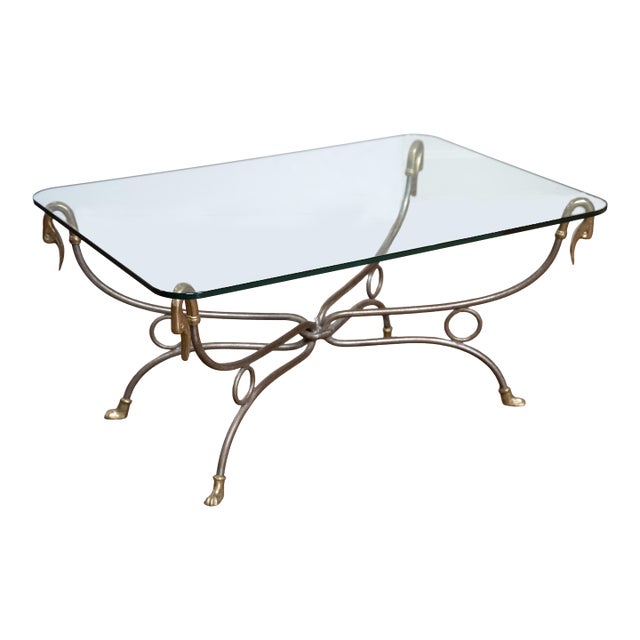French Mid-Century Coffee or Low Table With Wrought Iron Base and Glass Top For Sale