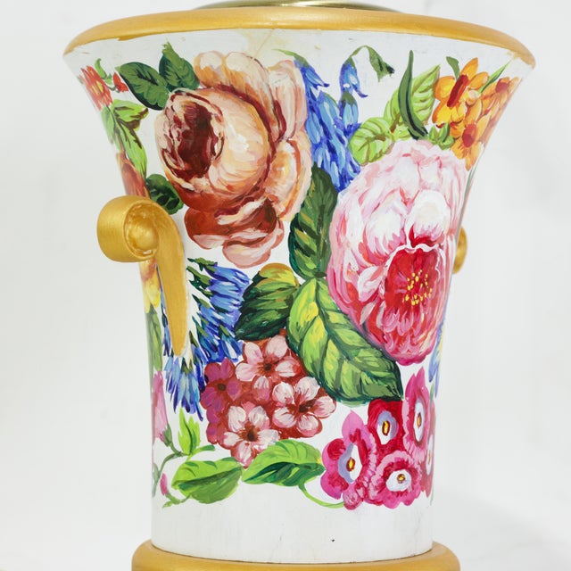 Vintage Floral Hand-Painted Brunschwig & Fils Wooden Table Lamps With Green Faux Marble Bases For Sale - Image 12 of 17