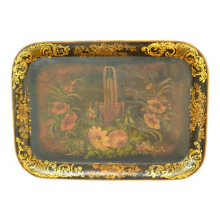 Antique French Victorian Tole Painted Tray For Sale