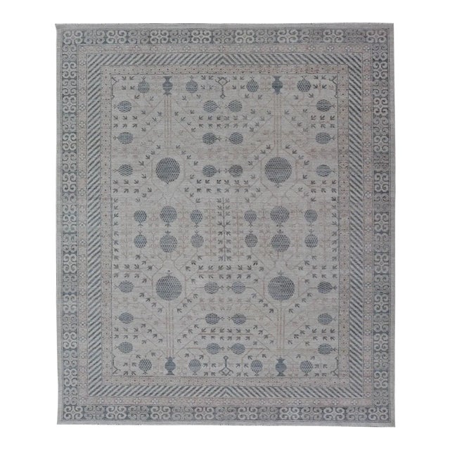 Modern Tribal Khotan Rug in Shades of Cream, Tan, and Light Teal For Sale