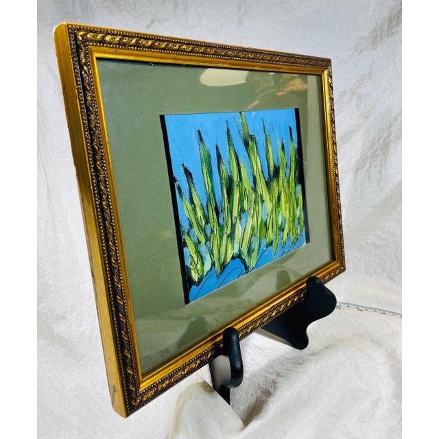 Pop Art Christi Dreese-Carter Signed "Marsh Grasses" Oil, 6x6" Contemporary Impressionist Lakeshore Antique Gold Frame and Stand, Original Gallery Label For Sale - Image 3 of 11