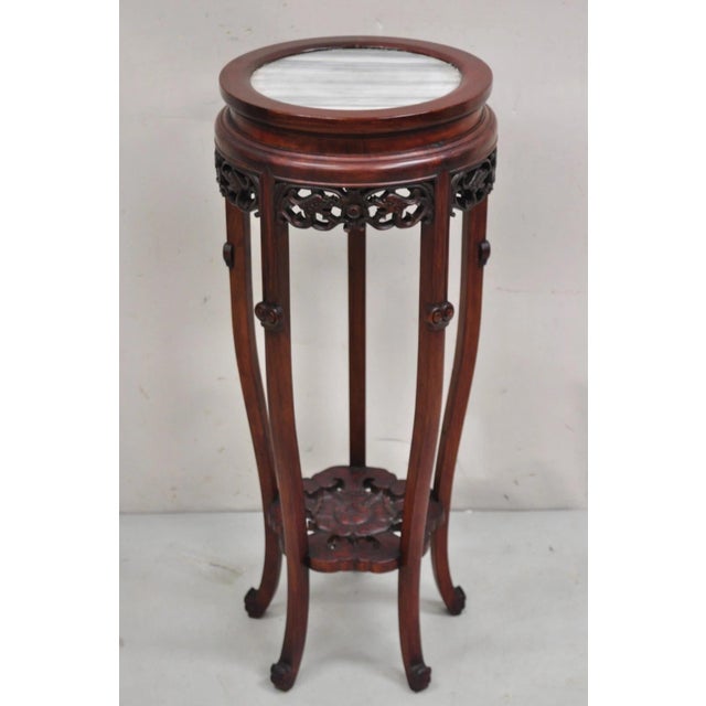 Vintage Chinoiserie Chinese Carved Hardwood Marble Top Pedestal Plant Stand For Sale - Image 12 of 12