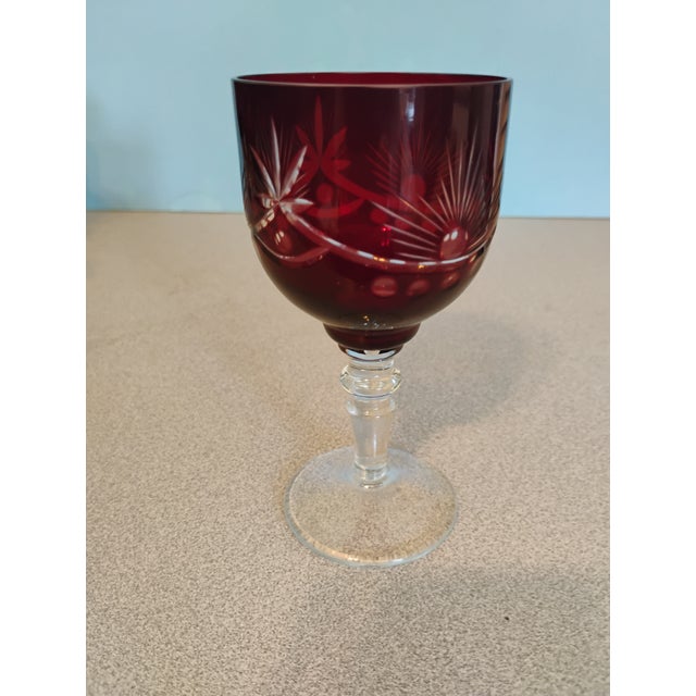 1960s Bohemian Glass Decanter Set, Ruby Red Cut to Clear- 7 Pieces For Sale In Tampa - Image 6 of 8