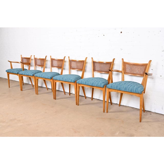 Mid-Century Modern Edmond Spence Swedish Modern Sculpted Maple and Cane Dining Chairs, Newly Reupholstered For Sale - Image 3 of 13