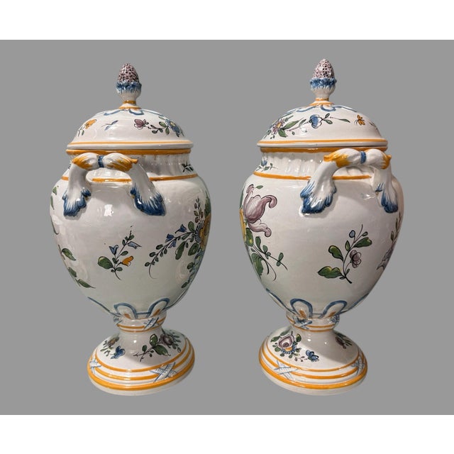 Pair of Antique French Faience Floral Hand Painted Double Handled 15" Vases Urns W Lids For Sale - Image 10 of 12