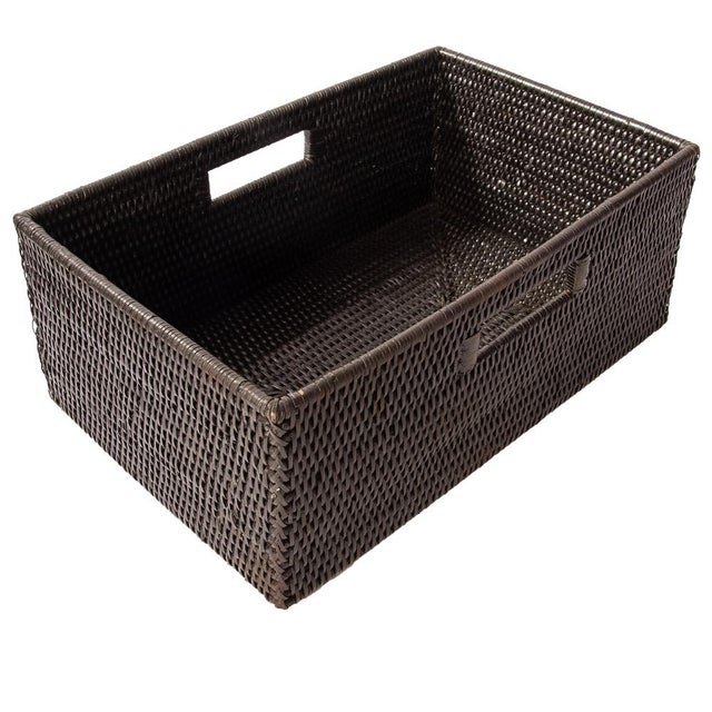 Wood Artifacts Rattan Rectangular Shelf Basket with Side Handles in Tudor Black - 16" For Sale - Image 7 of 11