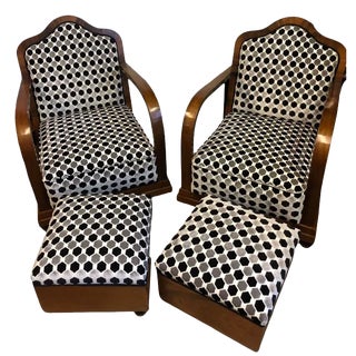 Art Deco Armchairs with Walnut Footrest, Set of 4 For Sale