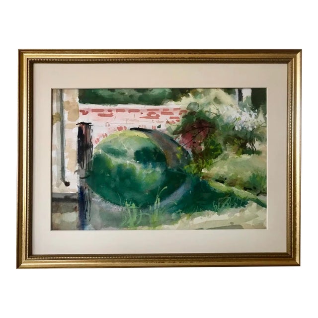 Vintage American Impressionist Watercolor Painting Bridge and River by Harry Barton For Sale