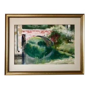Vintage American Impressionist Watercolor Painting Bridge and River by Harry Barton
