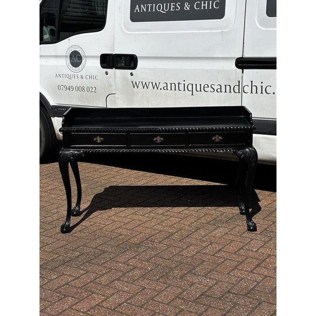 Chippendale Style Ebonised Console Table with Drawers and Brass Handles For Sale - Image 10 of 10
