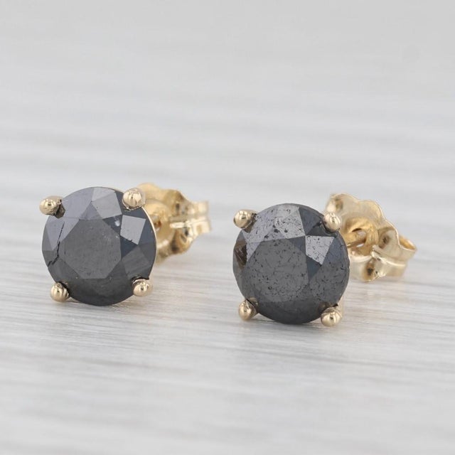Art Deco New 2.25ctw Black Diamond Stud Earrings 14k Yellow Gold Round Solitaires - 2 Pieces For Sale - Image 3 of 6