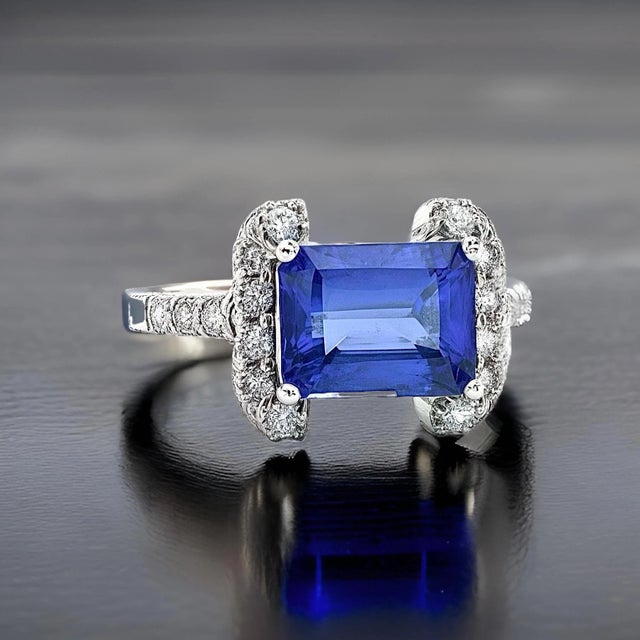 Natural Tanzanite Diamond Ring Size 6.5 14k W Gold 3.89 TCW Certified For Sale - Image 11 of 12