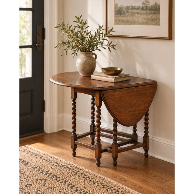 English Antique British Oak Barley-Twist Drop-Leaf Gateleg Table, 1920s For Sale - Image 3 of 5