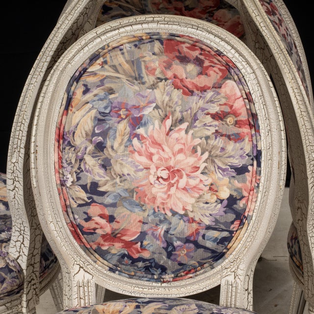 1980s French Style Shabby Chic Dining Chairs Floral Upholstery Distressed Crackle Finish - Set of 4 For Sale In Tampa - Image 6 of 18