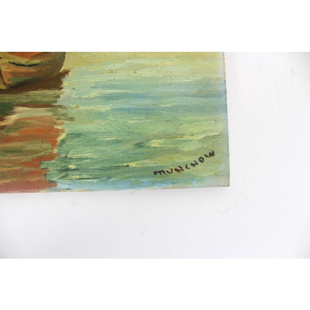 Nautical Signed Vintage Painting, Marina Sailboats, Mid-Century Nautical Art Fishing Boat For Sale - Image 3 of 10