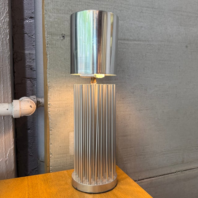 Mid-Century Modern Mid 20th Century Small Modernist Aluminum Cylinder Reed Table Lamp For Sale - Image 3 of 8