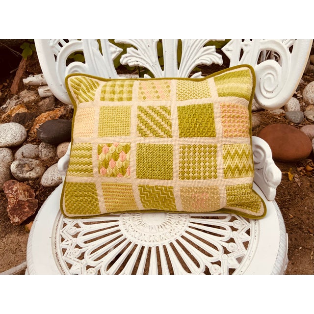 Vintage Bargello needlepoint pillow backed and piped with moss Rich green and pink designs on cream backgrounds.....