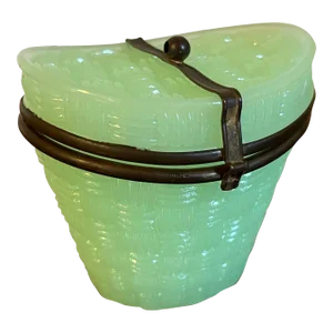 Antique 19th Century French Green Opaline Glass Trinket Box in the Form of a Small Basketweave Hat Box
