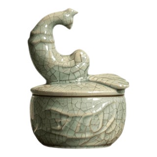 Chinese Ceramic Cenaer,Guan Ware Crackle Glaze Celadon Porcelain Incense Burner Hand Carved Phoenix Pattern For Sale