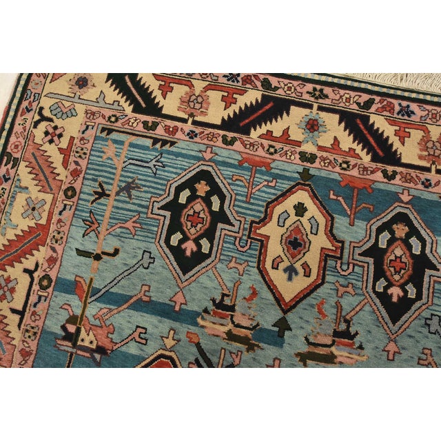 Textile Heriz Rug 5’11” X 8’11” Blue Wool Vintage Tribal Hand-Knotted Oriental Carpet For Sale - Image 7 of 14