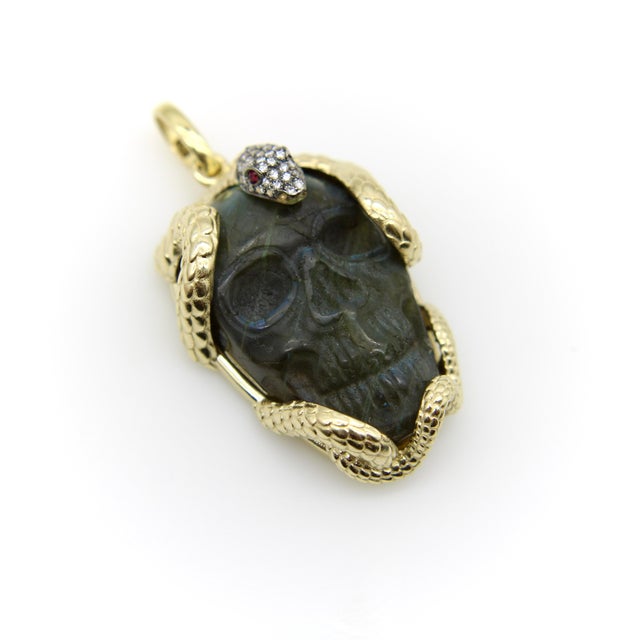14k Gold Intertwining Snake and Carved Labradorite Skull Pendant For Sale - Image 4 of 8