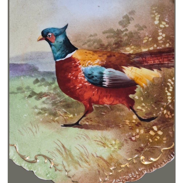 Antique Limoges French Hand Painted Gilded Pheasant Scalloped Edge Wall Plate For Sale - Image 4 of 10