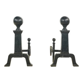 Pair of Antique Black Cast Iron Cannonball Andirons For Sale