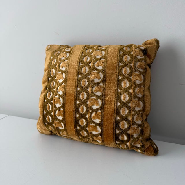 Vintage 1970s velvet chenille throw pillow with mustard and olive green colors.