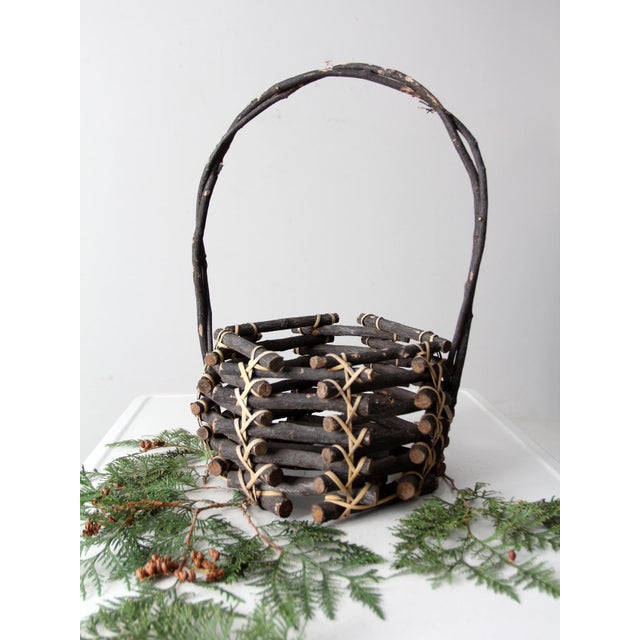 Vintage Rustic Black Twig Basket For Sale - Image 4 of 11