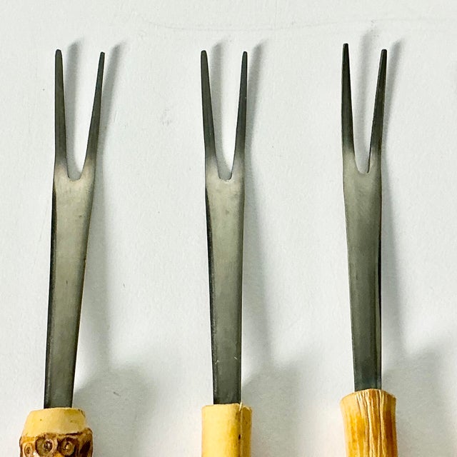 1970s Vintage Hollywood Regency Coastal Boho Chic Bamboo Handle Stainless Steel Appetizer Picks - Set of 6 For Sale - Image 4 of 7