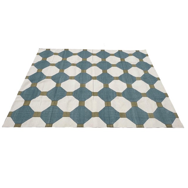 Handmade Cotton Flat Weave Area Rug, Teal Blue, Cream and Olive Green Tile Dhurrie - 8'x10' For Sale - Image 9 of 13