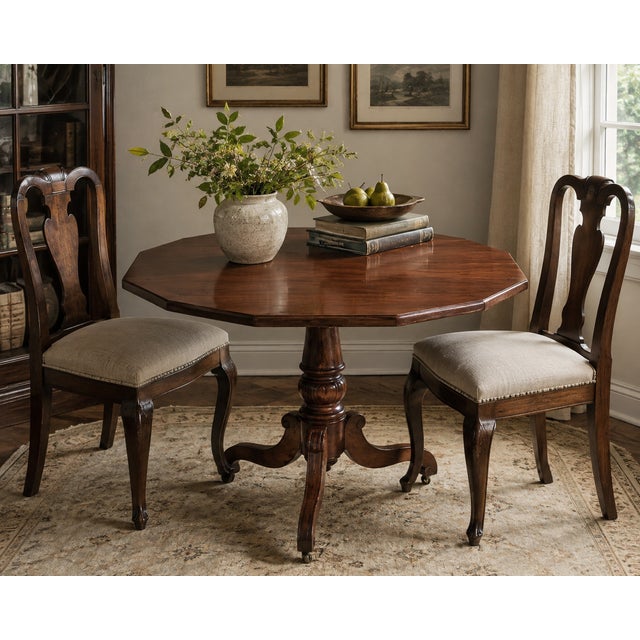 A handsome early 20th-century antique pedestal table featuring a distinctive octagonal top and beautifully figured warm-...