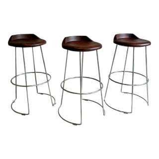 Set of 3 McGuire Wood and Stainless Steel Swivel Bar Stool For Sale