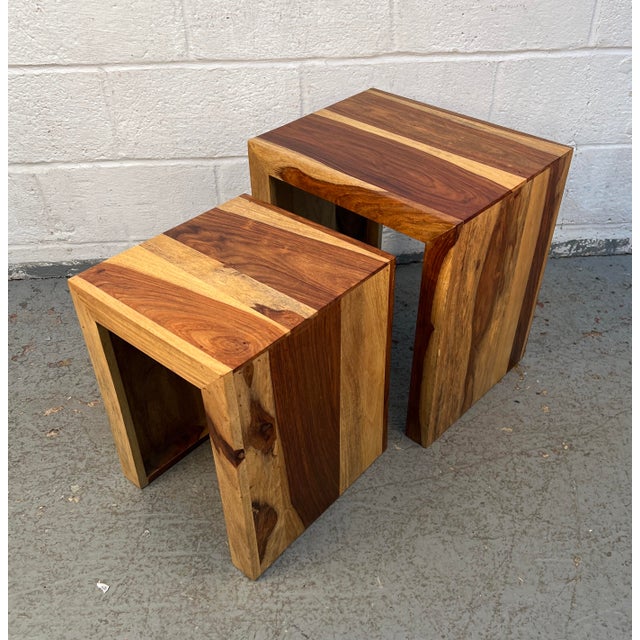 Pair of Mid 20th Century Solid Sheesham Wood Waterfall Side Tables For Sale In New York - Image 6 of 9