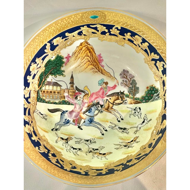 Vintage Chinoiserie Porcelain Equestrian Fox Hunt Scene Bowl in Cobalt Blue & Gilt For Sale - Image 4 of 12