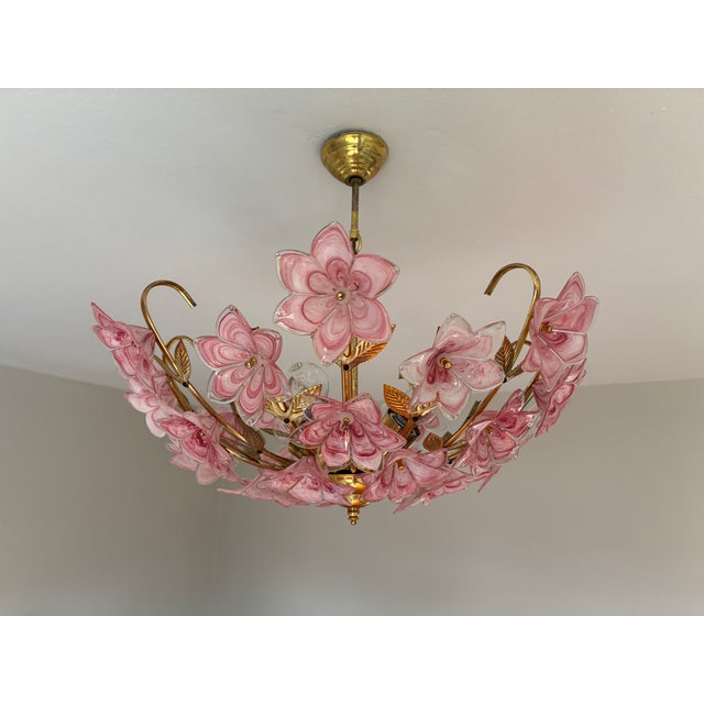 Vintage Murano Glass Floral Chandelier – Rare Deep Pink Flowers, Flush Mount For Sale - Image 10 of 18