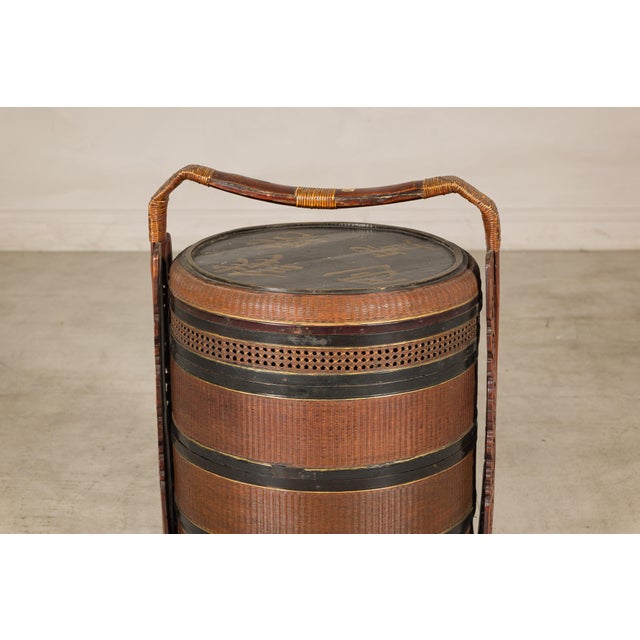 Vintage Chinese Rattan Wedding Basket with Carved Handle and Nested Containers For Sale - Image 11 of 18