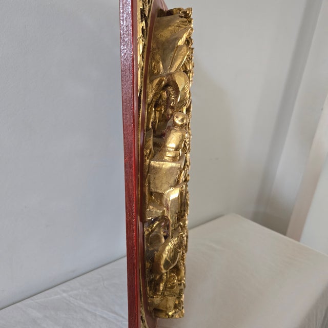 Antique Chinese Giltwood Panel Relief Carving Landscape Scene Red Lacquer Borders and Back For Sale - Image 16 of 18