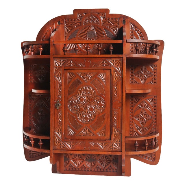 Antique Folk Art Arts and Crafts Dutch Chip Carved Wall Cabinet, 1910 For Sale