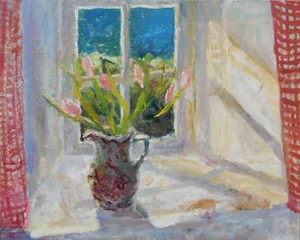 Seaward Window and Gingham Curtains. Contemporary Oil Painting by Alice Mumford
