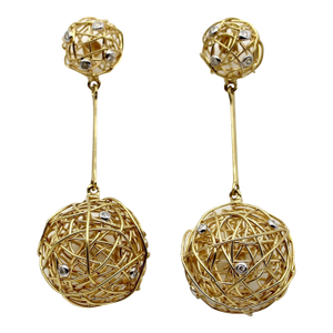 1990s 18k Gold Diamond and Wire Ball Dangle Earrings