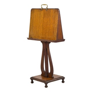 Antique 1900s Arts and Crafts Quartersawn Oak Double-Sided Duet Music Stand W/ Lyre Shaped Pedestal For Sale