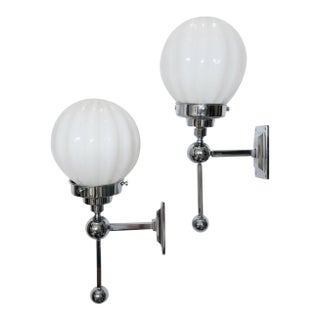 Vintage Art Deco Light Old Lamp Wall Sconces Fixture Nickel Brass & Ribbed Milk Glass Shade Ship Light - Pair For Sale