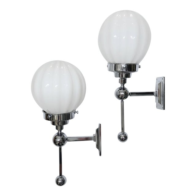 Vintage Art Deco Light Old Lamp Wall Sconces Fixture Nickel Brass & Ribbed Milk Glass Shade Ship Light - Pair For Sale