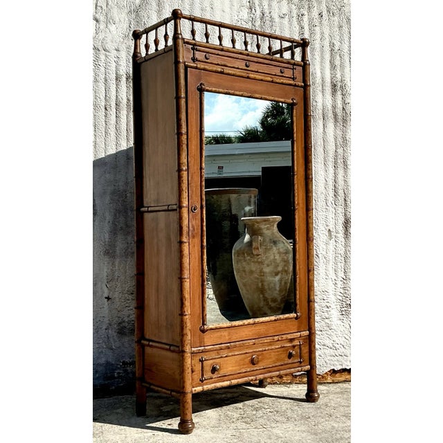 Chocolate Vintage Boho Carved Bamboo Armoire For Sale - Image 8 of 9