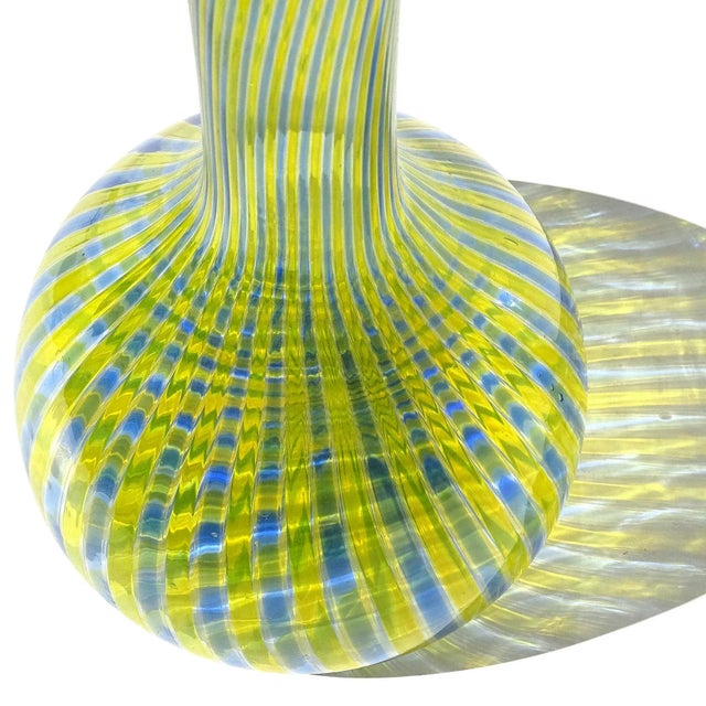 Murano Fratelli Toso Murano Vintage Yellow Blue a Canne Ribbons Pattern Italian Art Glass Bottle Flower Vase For Sale - Image 4 of 7