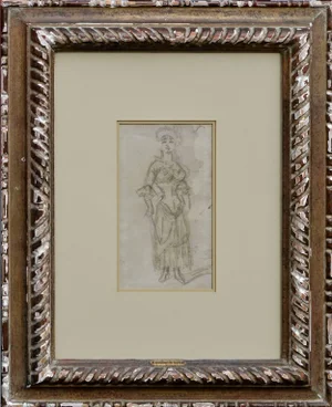 Mid 19th Century "L'Amazon" Figurative Pencil Drawing by Constantin Ernest, Framed