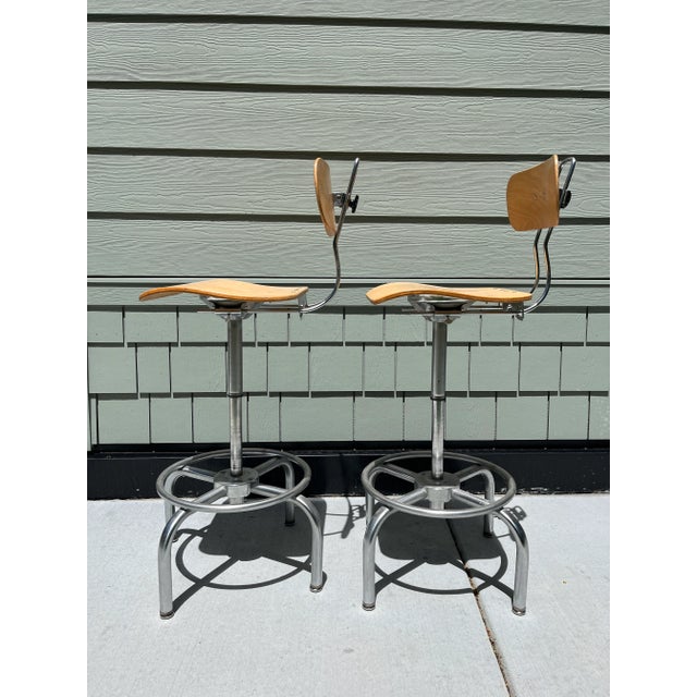 Mid-Century Modern 1950s Set of 2 Vintage "Ajustrite" Plywood Adjustable Swivel Drafting Chairs For Sale - Image 3 of 12