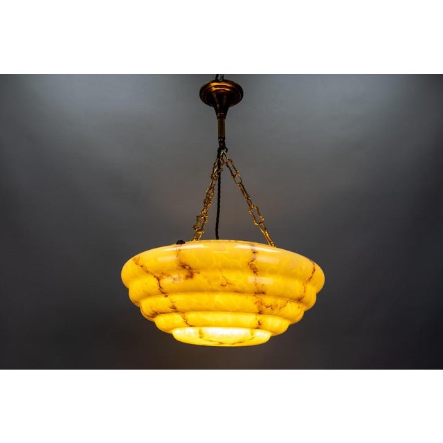 Art Deco Layered Marbled Yellowish Beige and Brown Glass and Brass Pendant Light, 1950s For Sale - Image 4 of 18